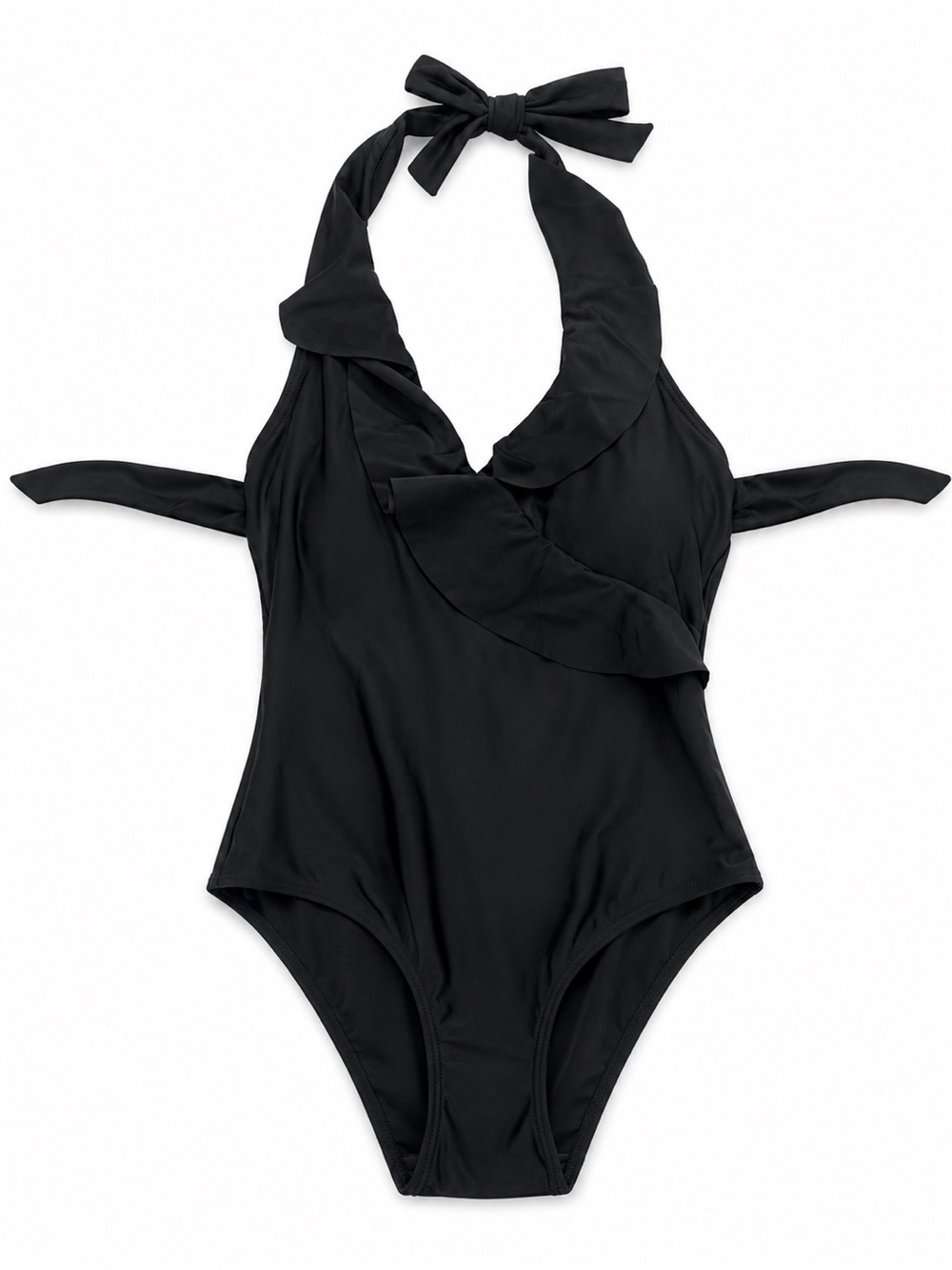 Black Halter Ruffle One-Piece Swimsuit